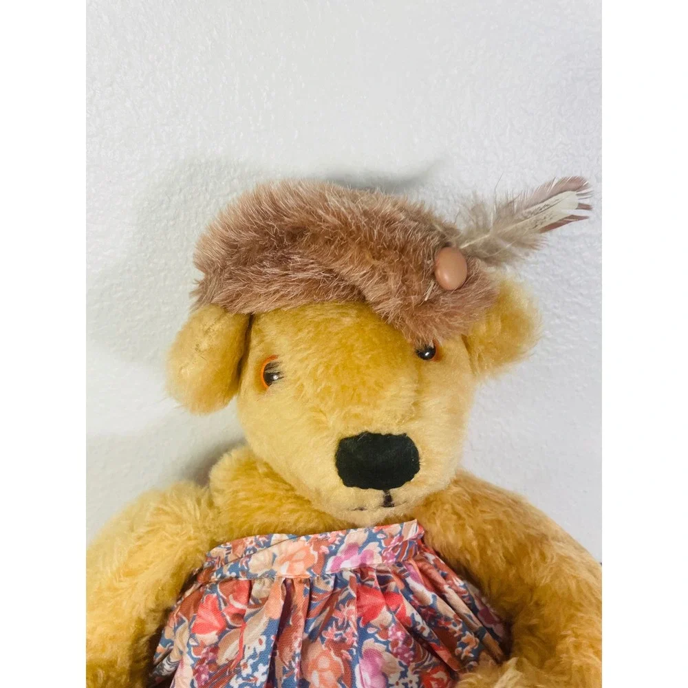 Vintage Teddy Bear Plush Floral Dress Bonnet Tan Cottagecore Stuffed Animal Doll
